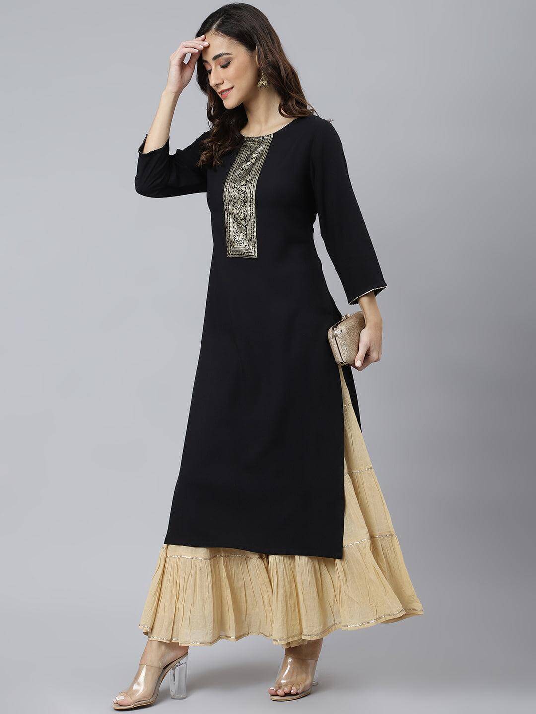 Black Rayon Solid Straight Kurta