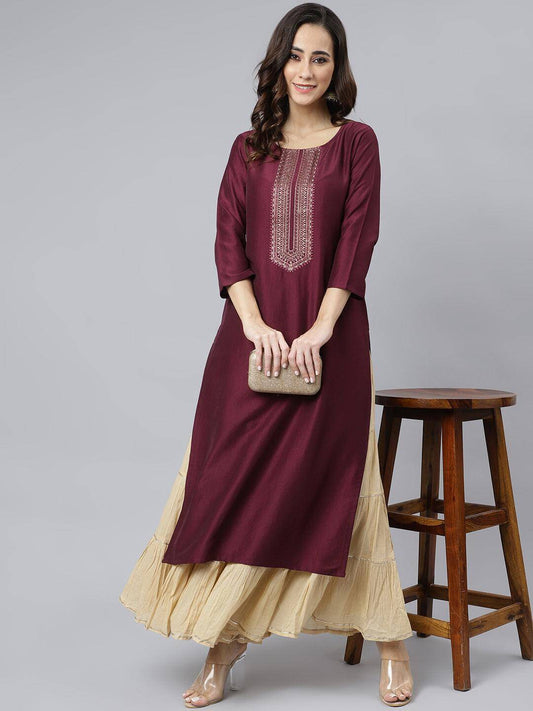 Wine Poly Silk Solid Straight Kurta