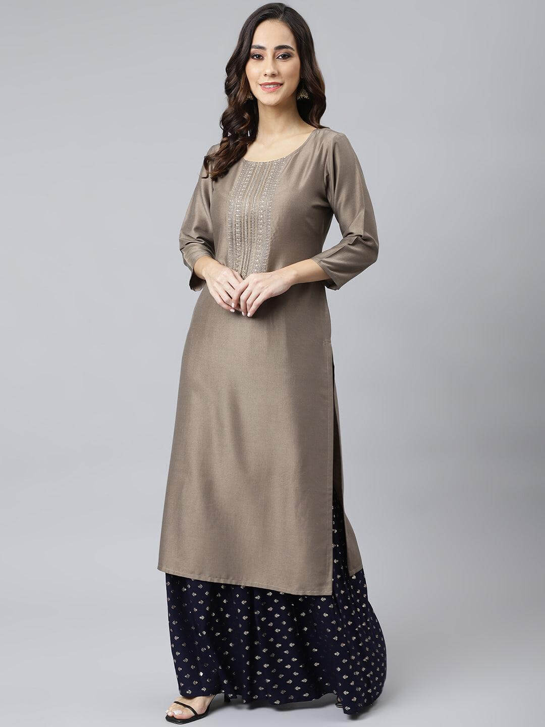 Taupe Poly Silk Solid Straight Kurta