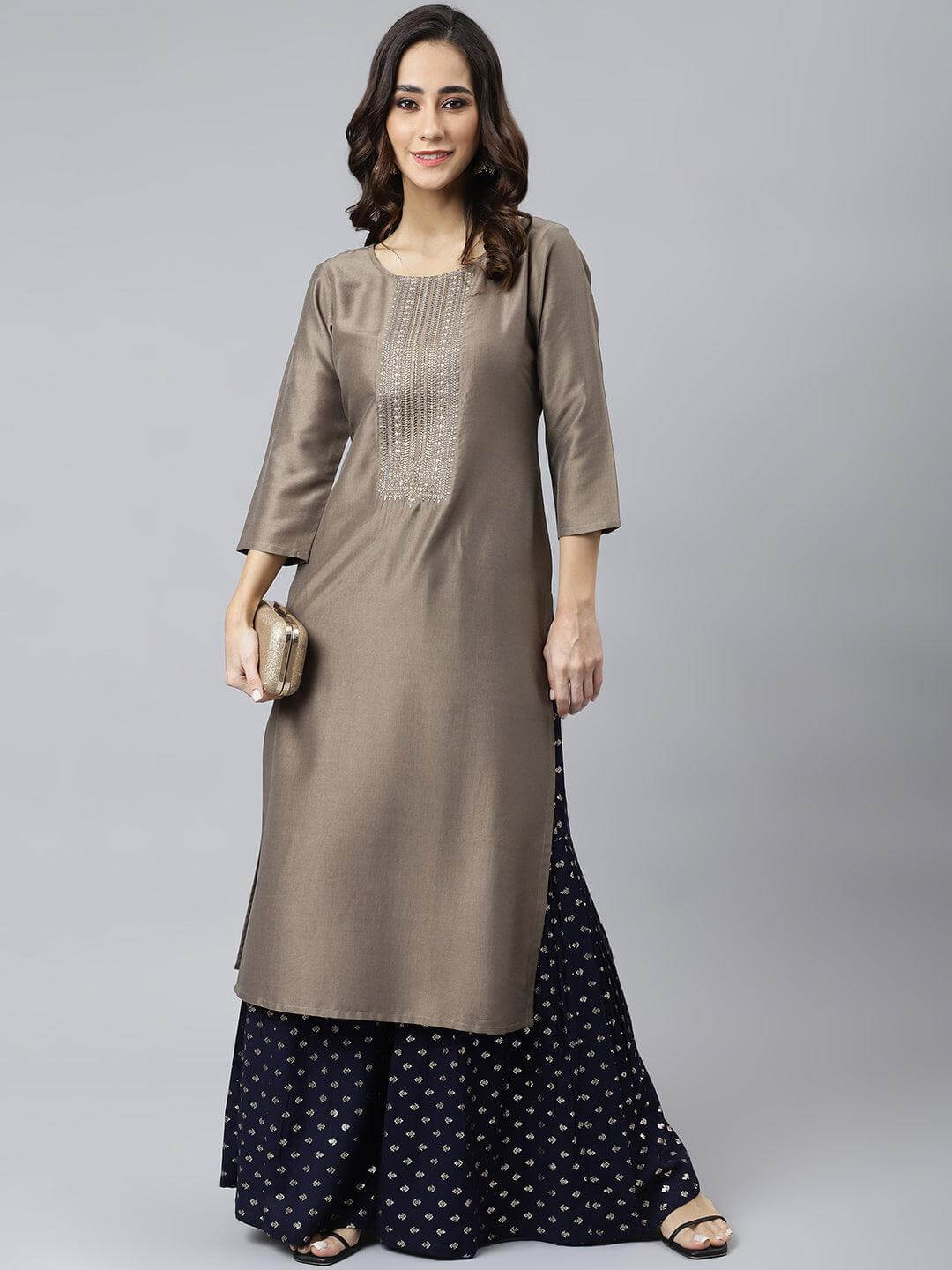 Taupe Poly Silk Solid Straight Kurta