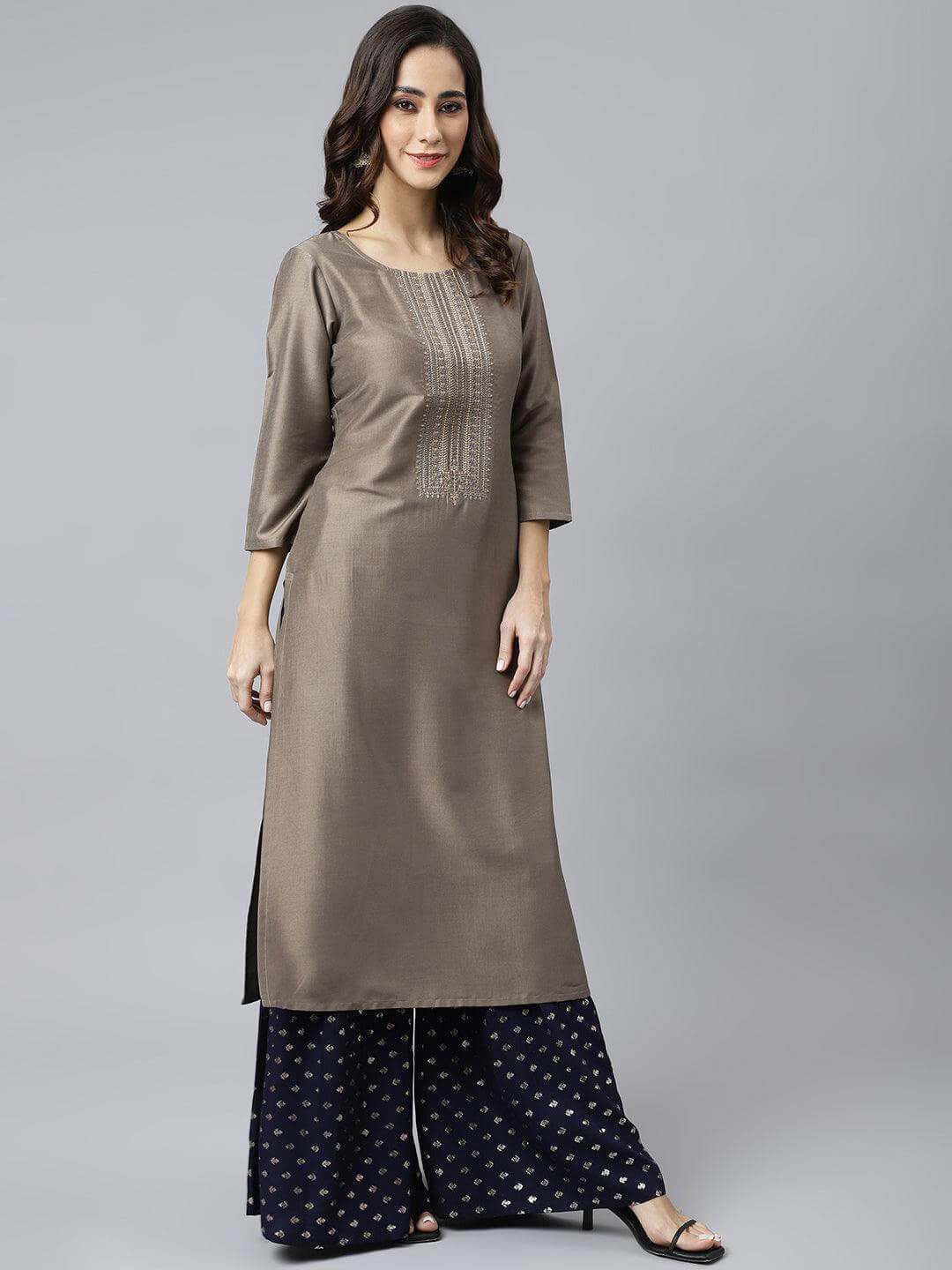 Taupe Poly Silk Solid Straight Kurta