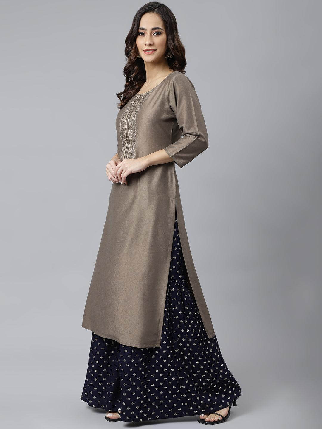 Taupe Poly Silk Solid Straight Kurta