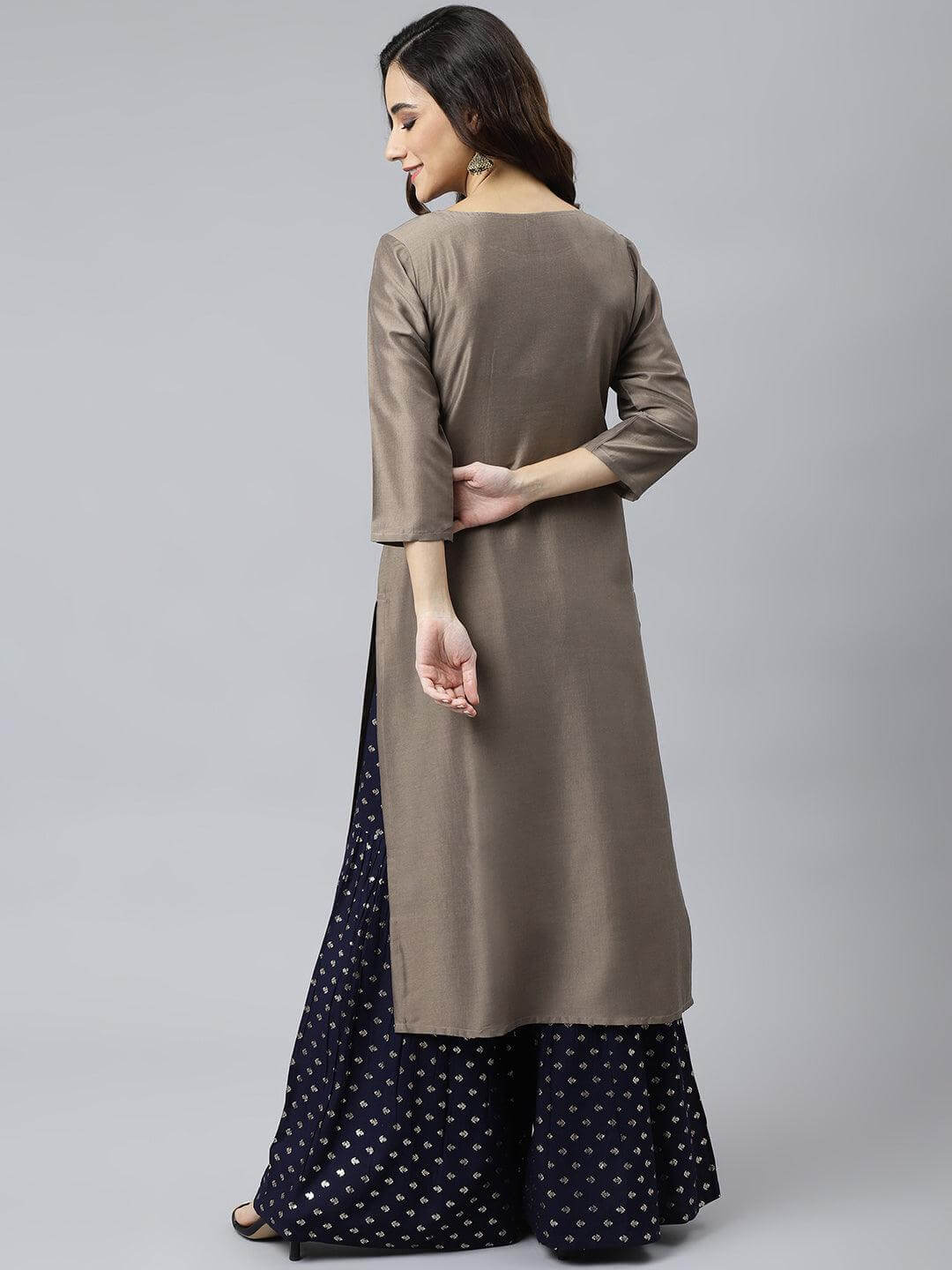 Taupe Poly Silk Solid Straight Kurta