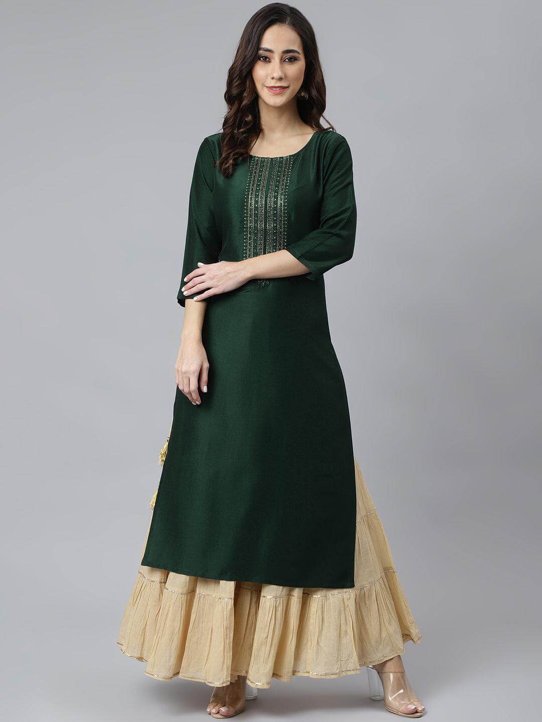 Green Poly Silk Embroidered Straight Kurta