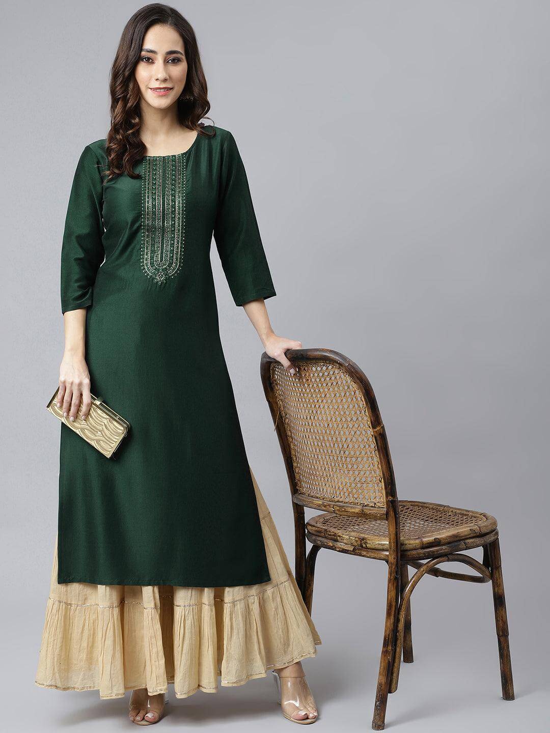 Green Poly Silk Embroidered Straight Kurta