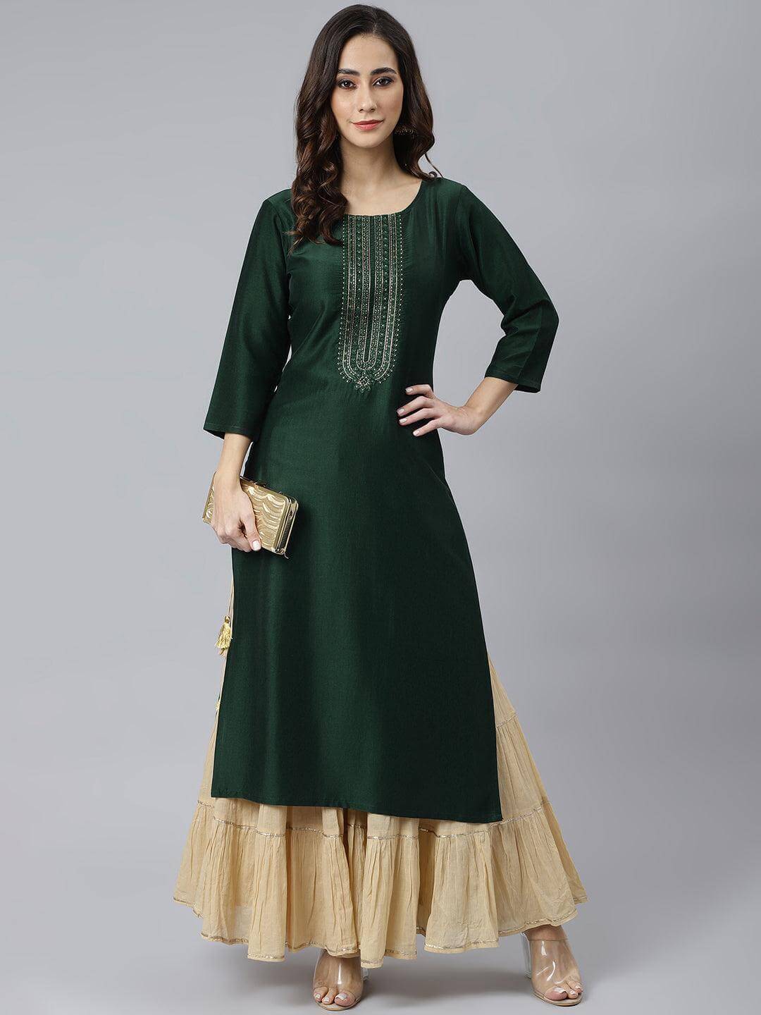 Green Poly Silk Embroidered Straight Kurta