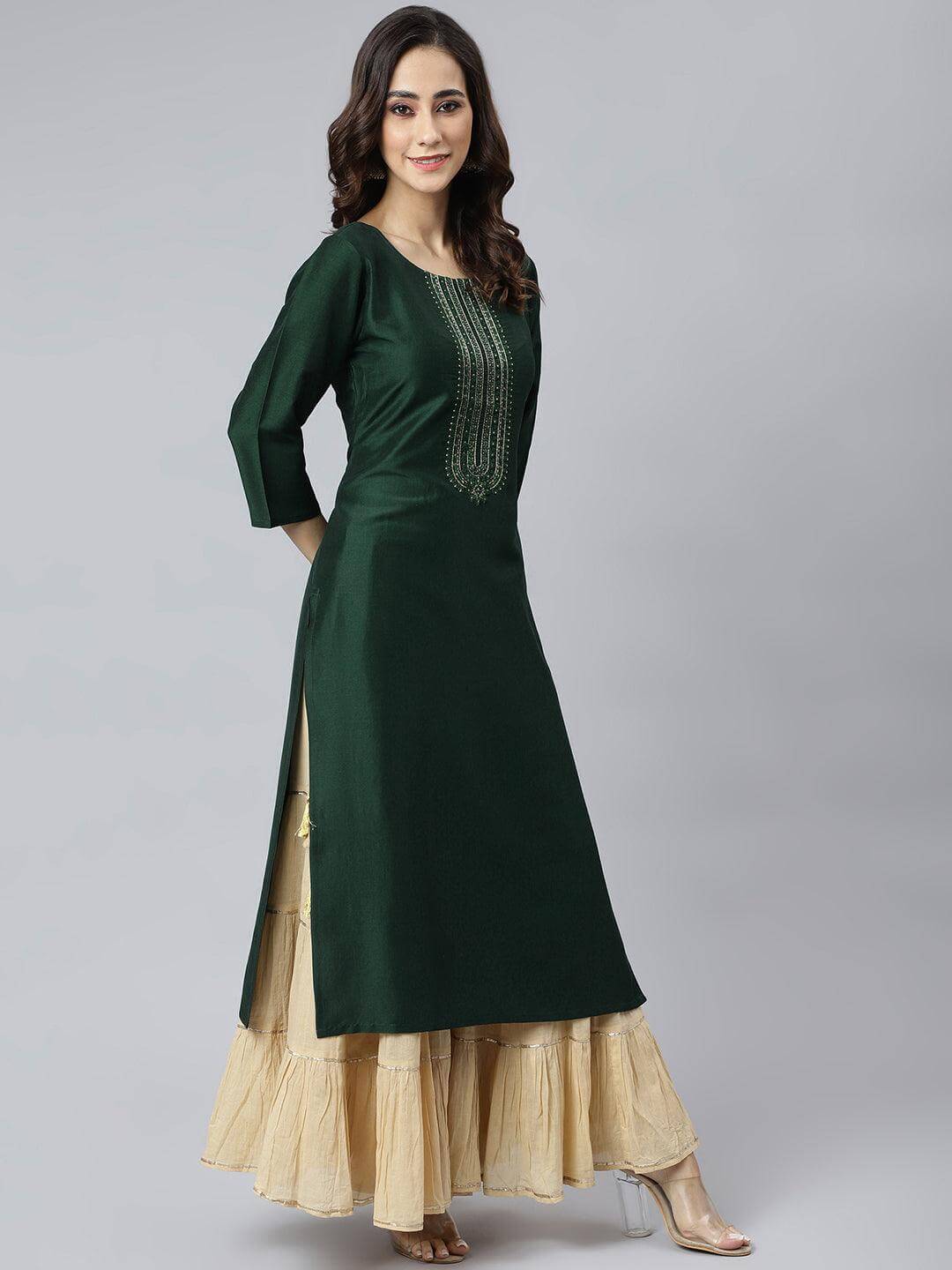 Green Poly Silk Embroidered Straight Kurta