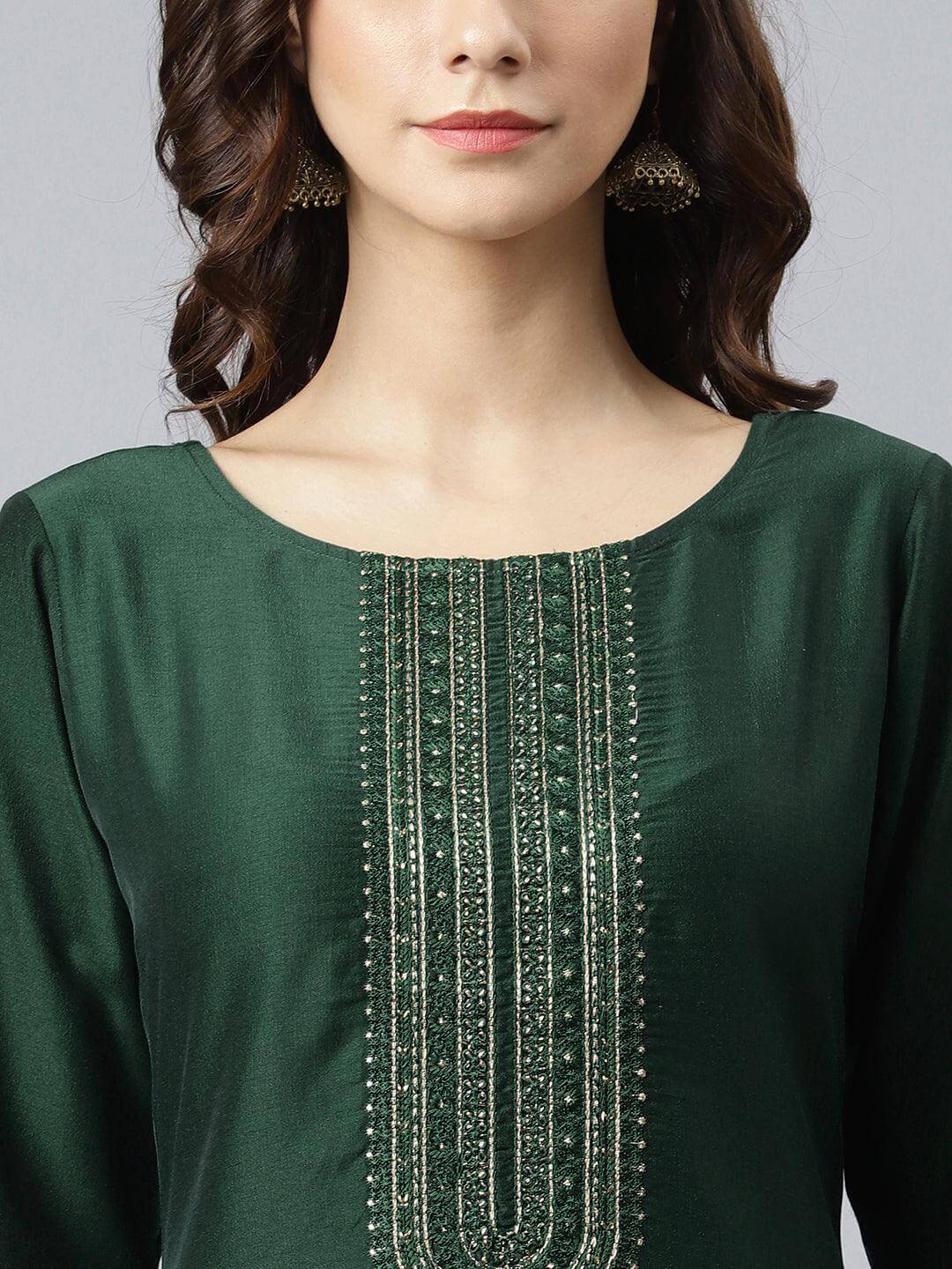 Green Poly Silk Embroidered Straight Kurta
