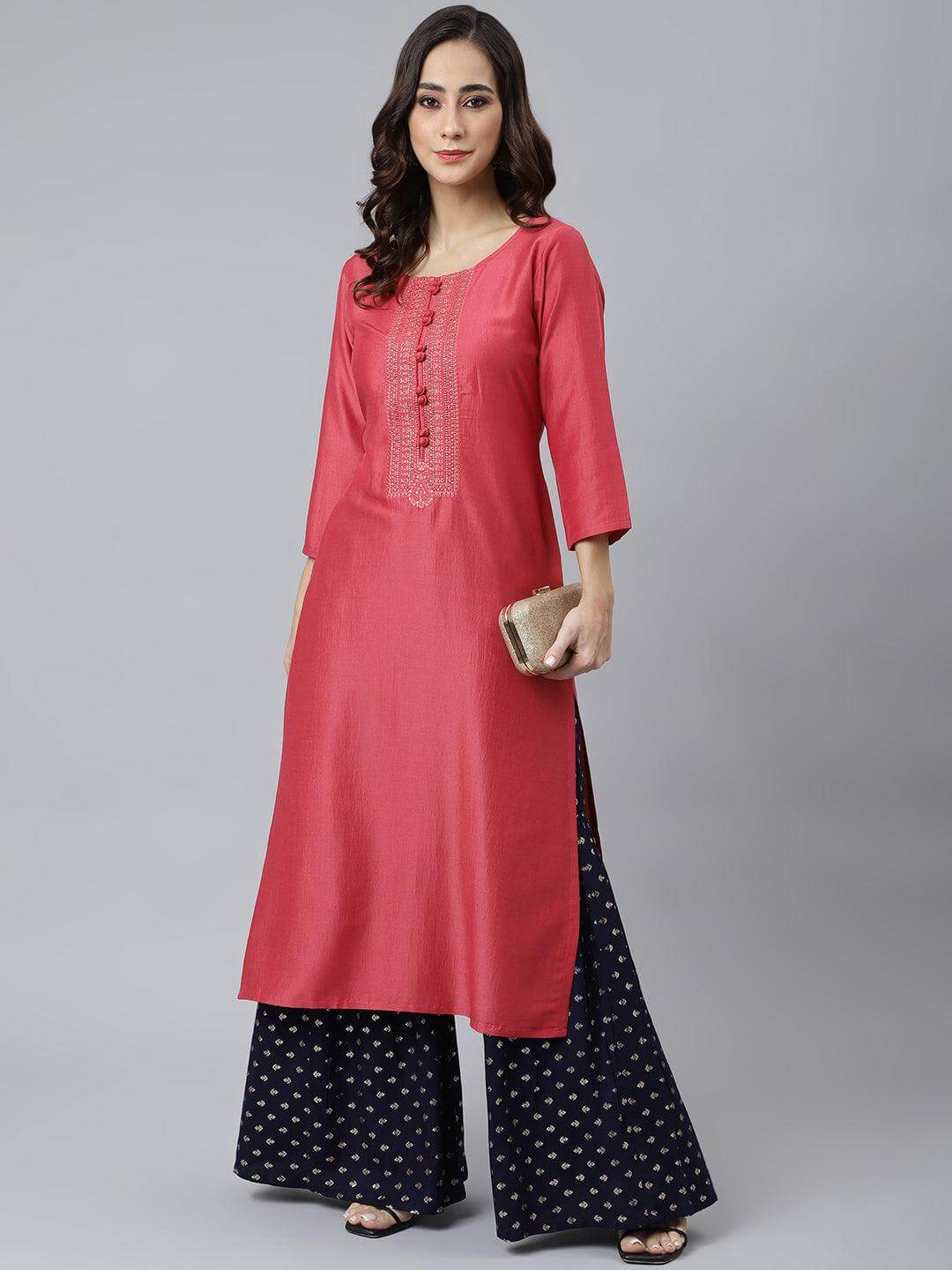 Pink Poly Silk Embroidered Straight Kurta