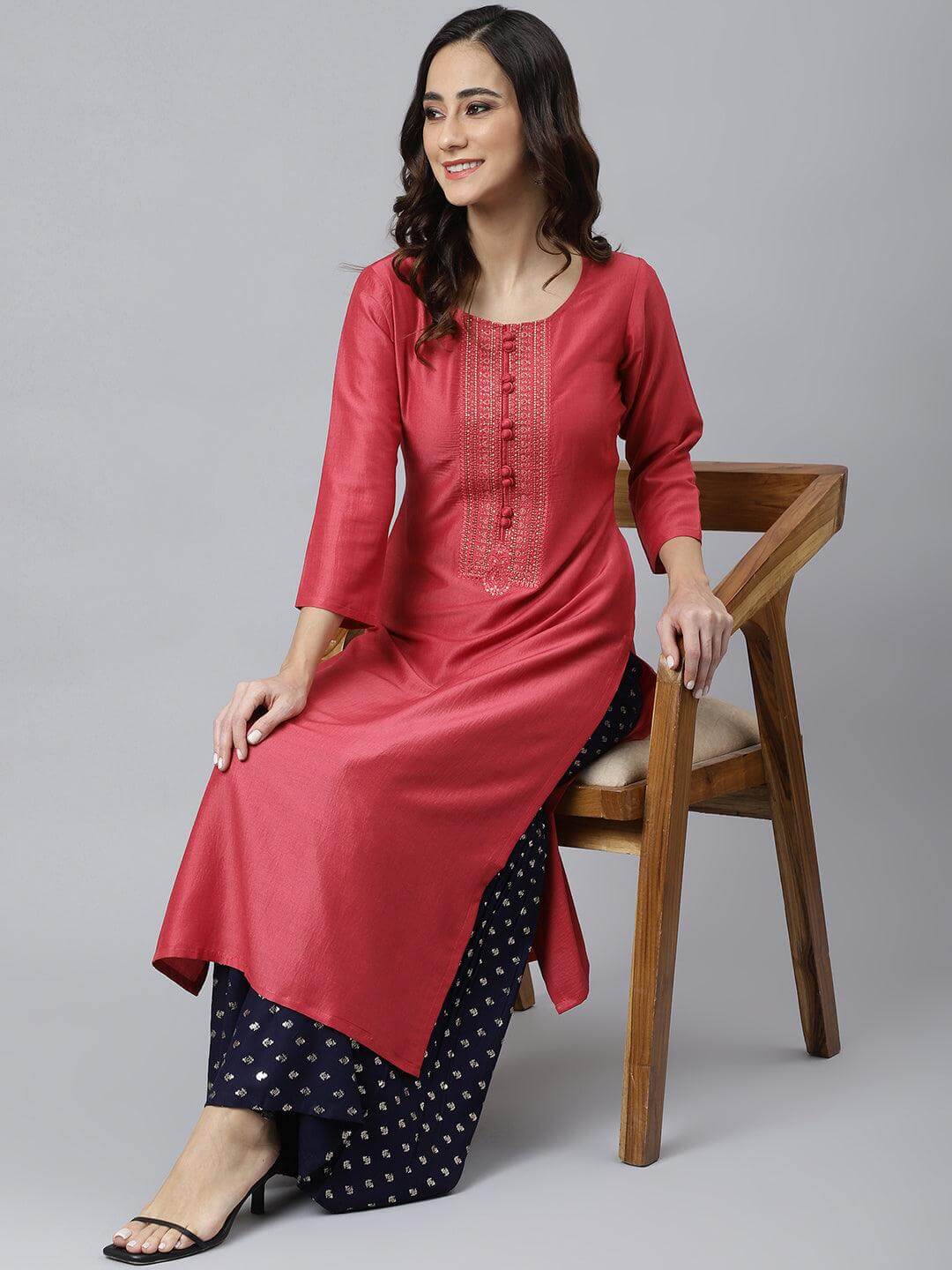 Pink Poly Silk Embroidered Straight Kurta