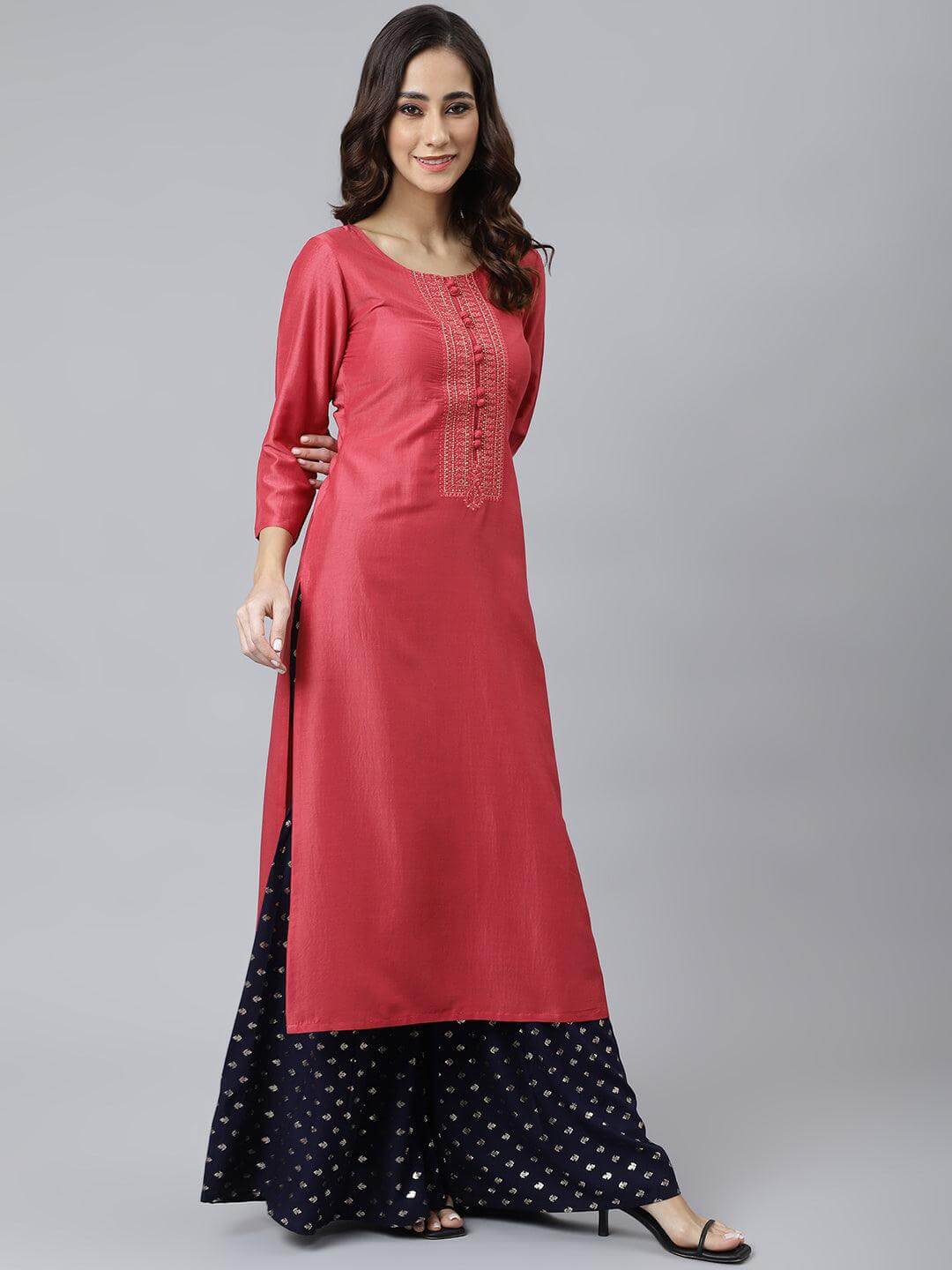Pink Poly Silk Embroidered Straight Kurta