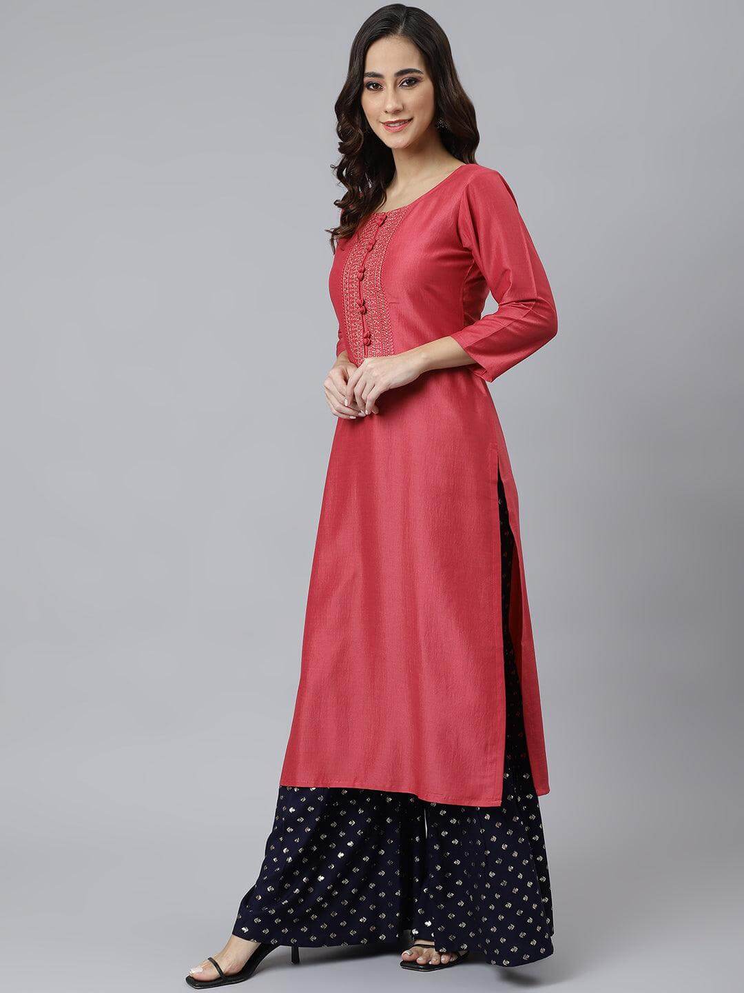 Pink Poly Silk Embroidered Straight Kurta