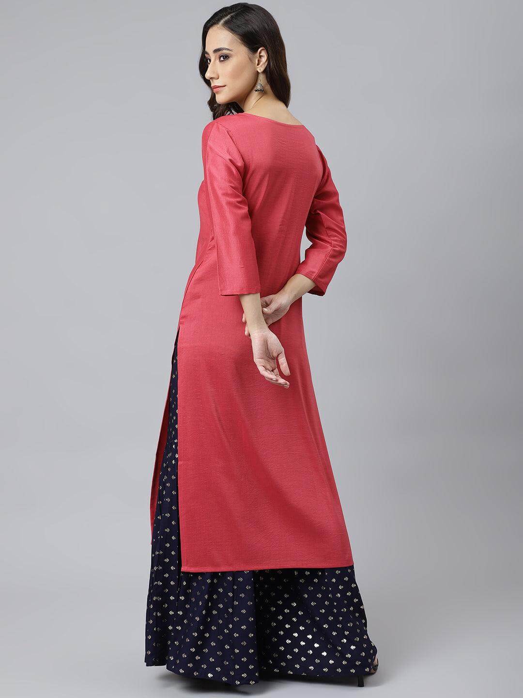 Pink Poly Silk Embroidered Straight Kurta