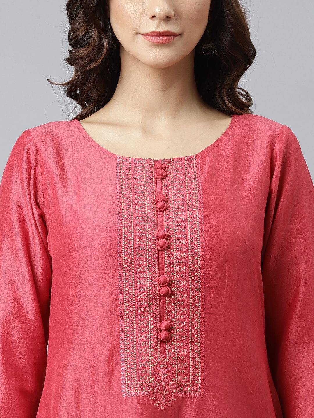 Pink Poly Silk Embroidered Straight Kurta