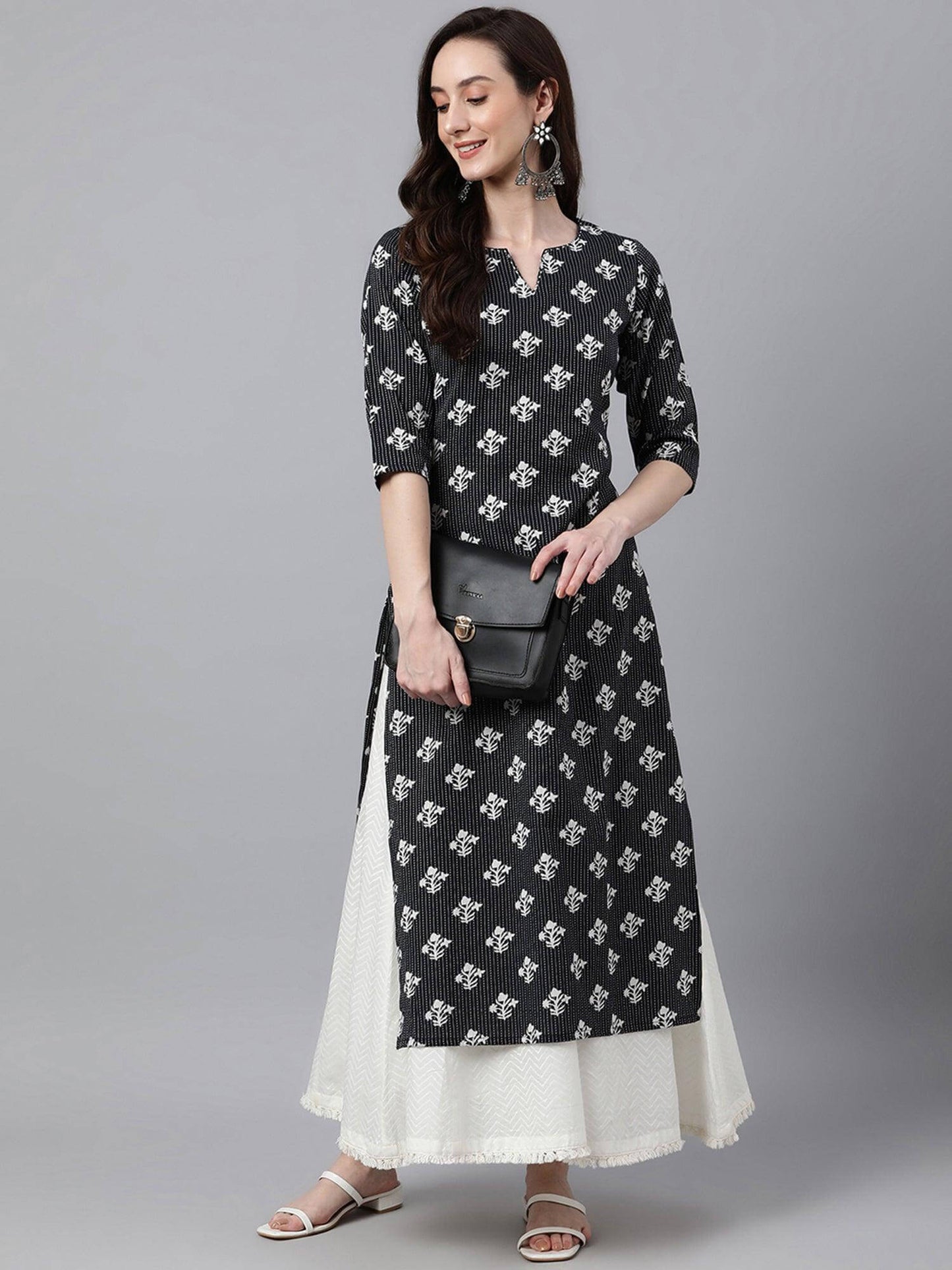 Black Cotton Floral Print Straight Kurta
