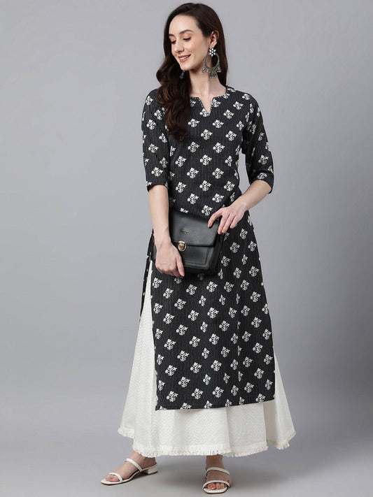 Black Cotton Floral Print Straight Kurta