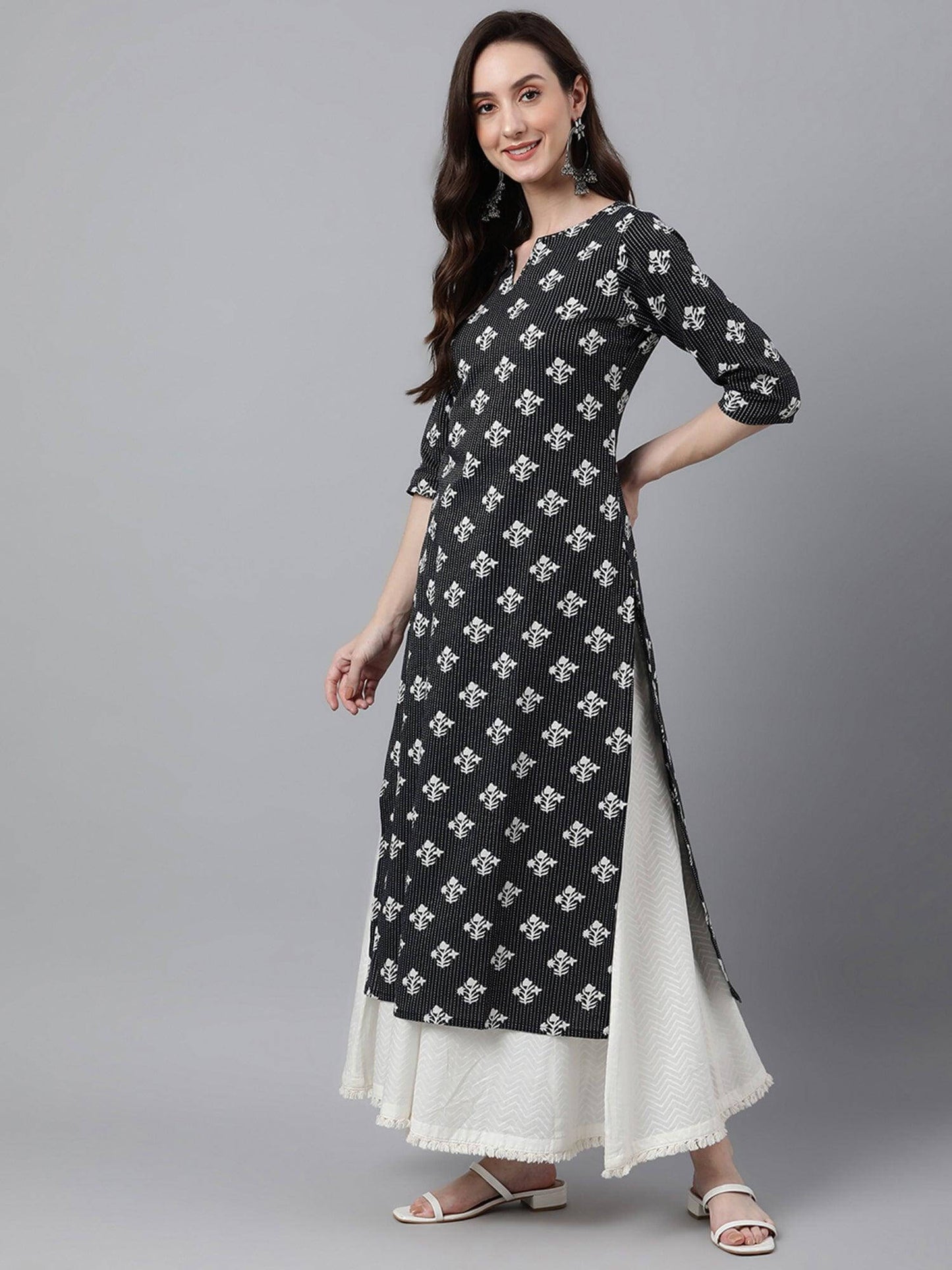 Black Cotton Floral Print Straight Kurta