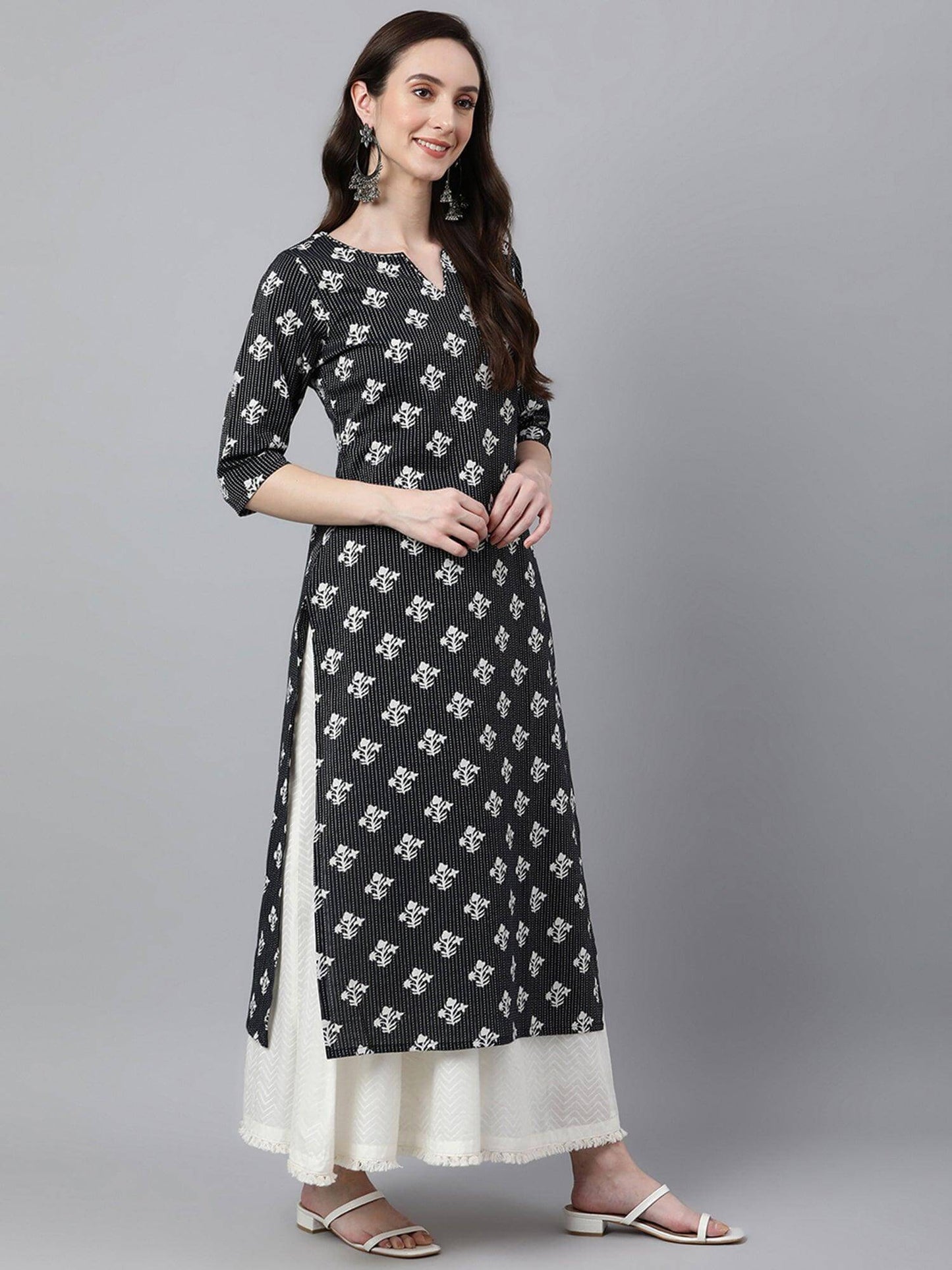 Black Cotton Floral Print Straight Kurta