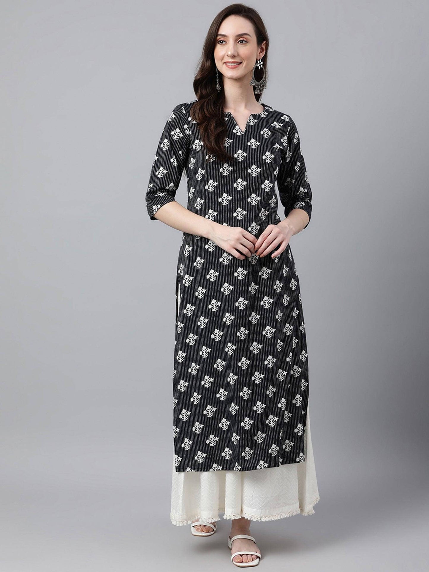 Black Cotton Floral Print Straight Kurta