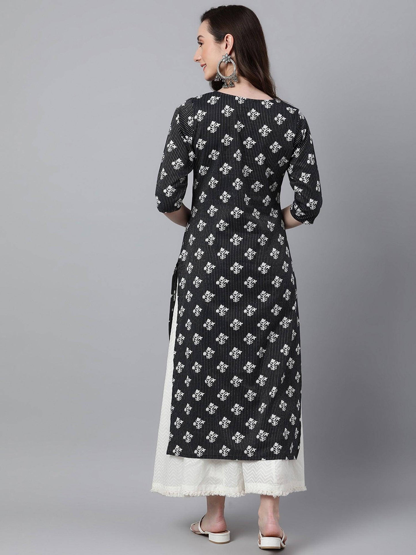 Black Cotton Floral Print Straight Kurta