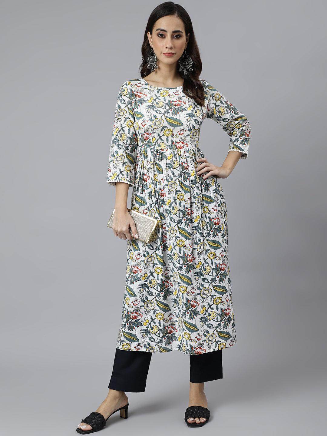 White Cotton Floral Block Print Flared Kurta