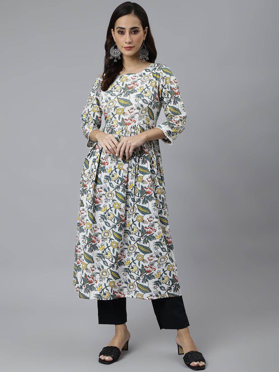White Cotton Floral Block Print Flared Kurta
