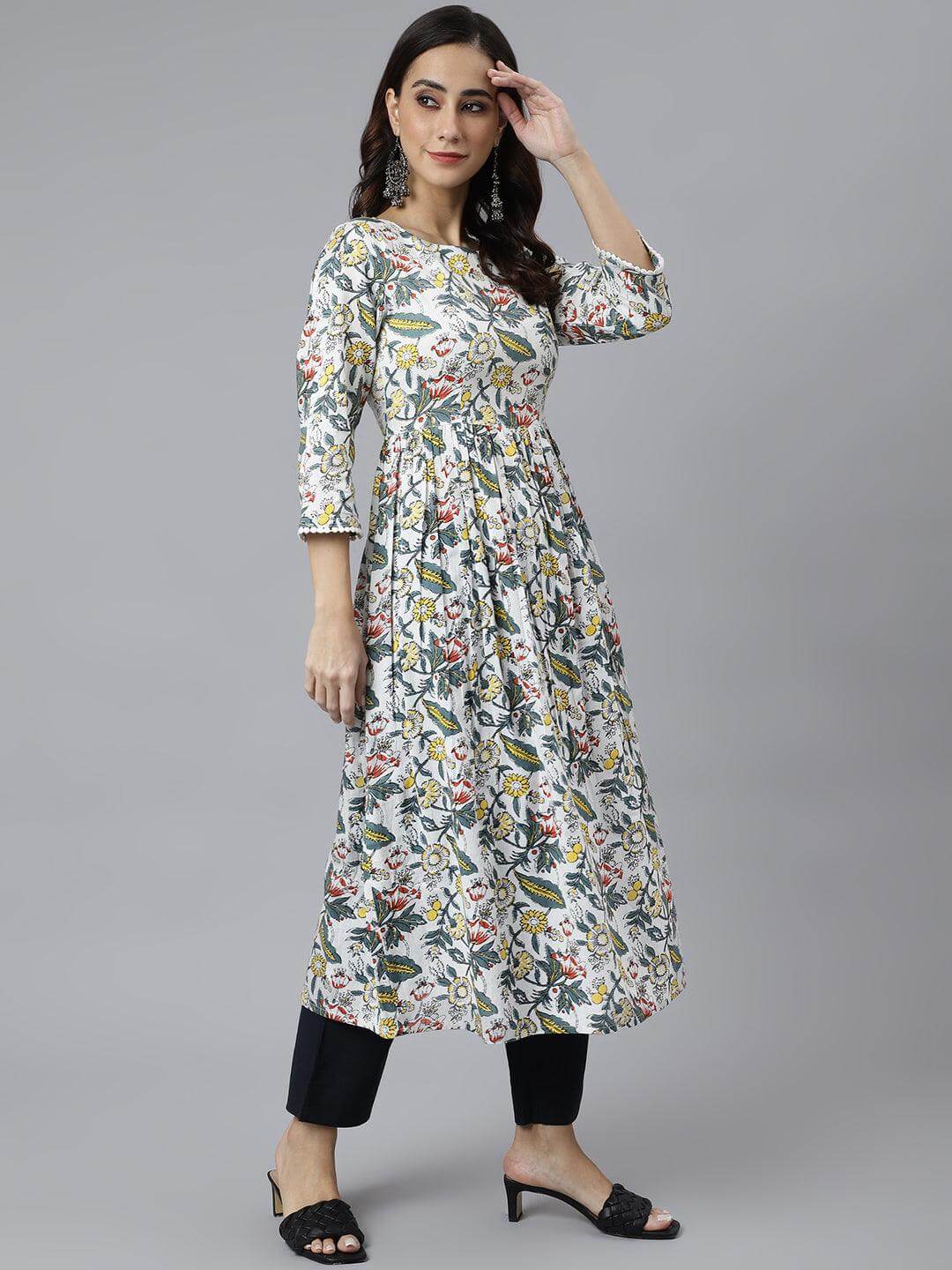 White Cotton Floral Block Print Flared Kurta