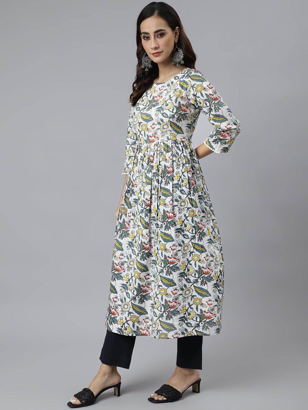 White Cotton Floral Block Print Flared Kurta