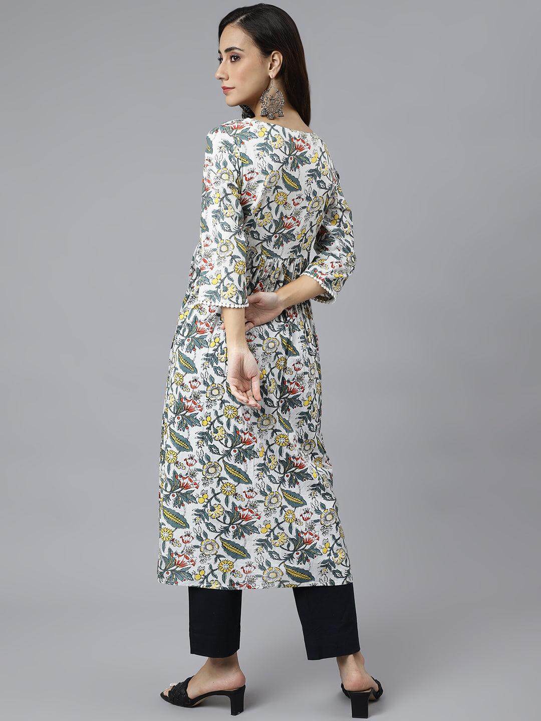 White Cotton Floral Block Print Flared Kurta