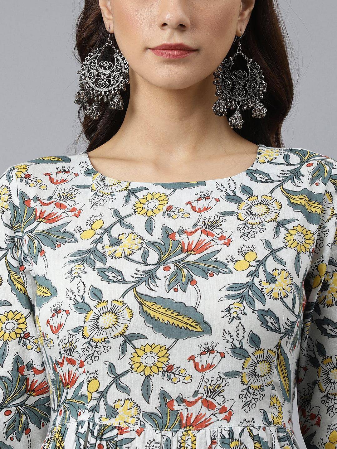 White Cotton Floral Block Print Flared Kurta