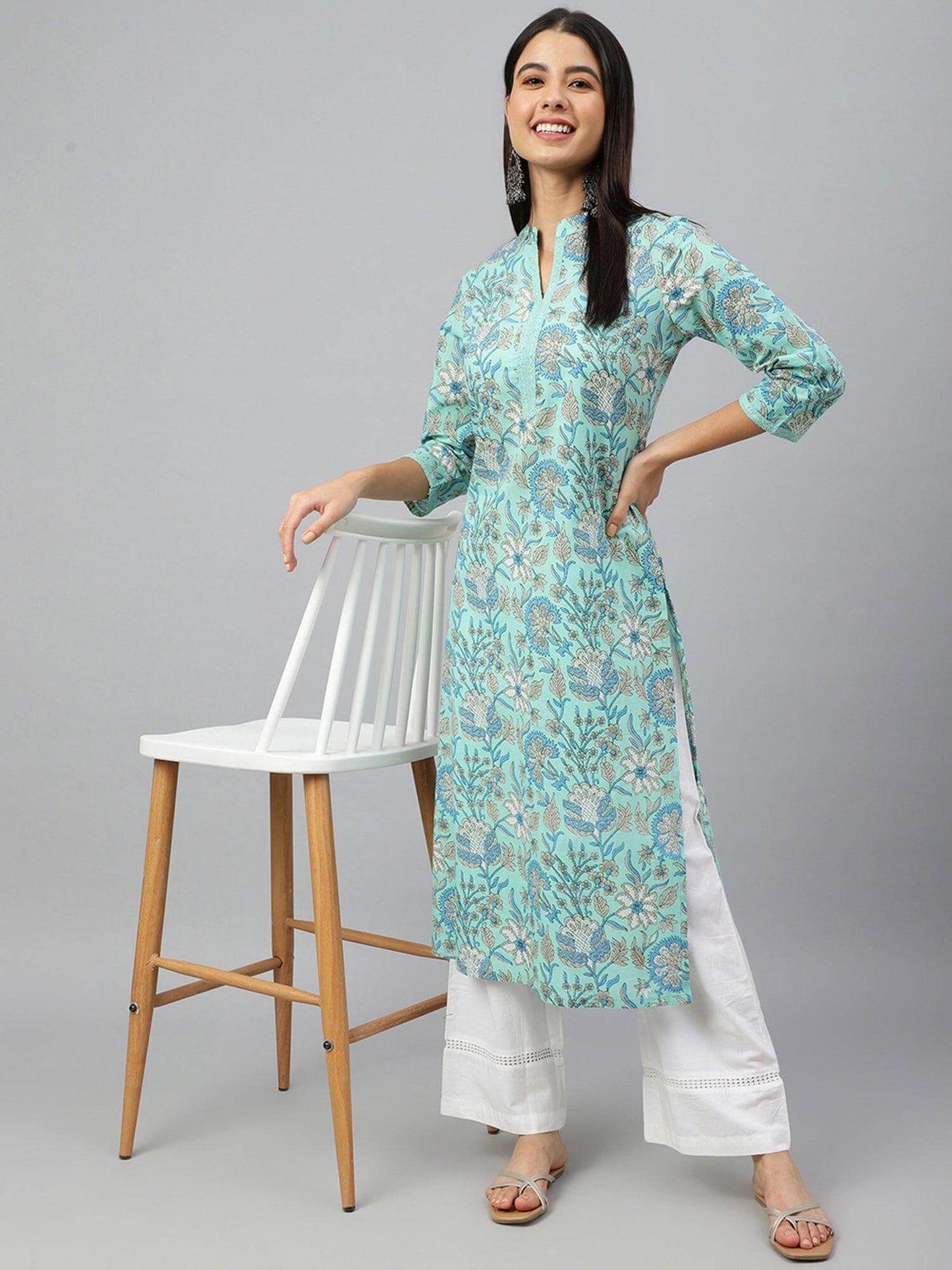 Mint Green Cotton Floral Block Print Straight Kurta