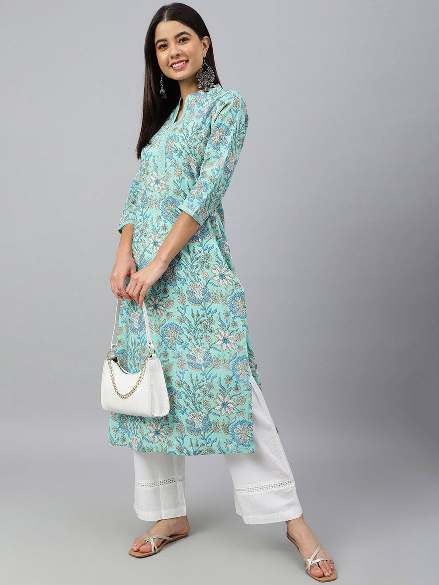 Mint Green Cotton Floral Block Print Straight Kurta