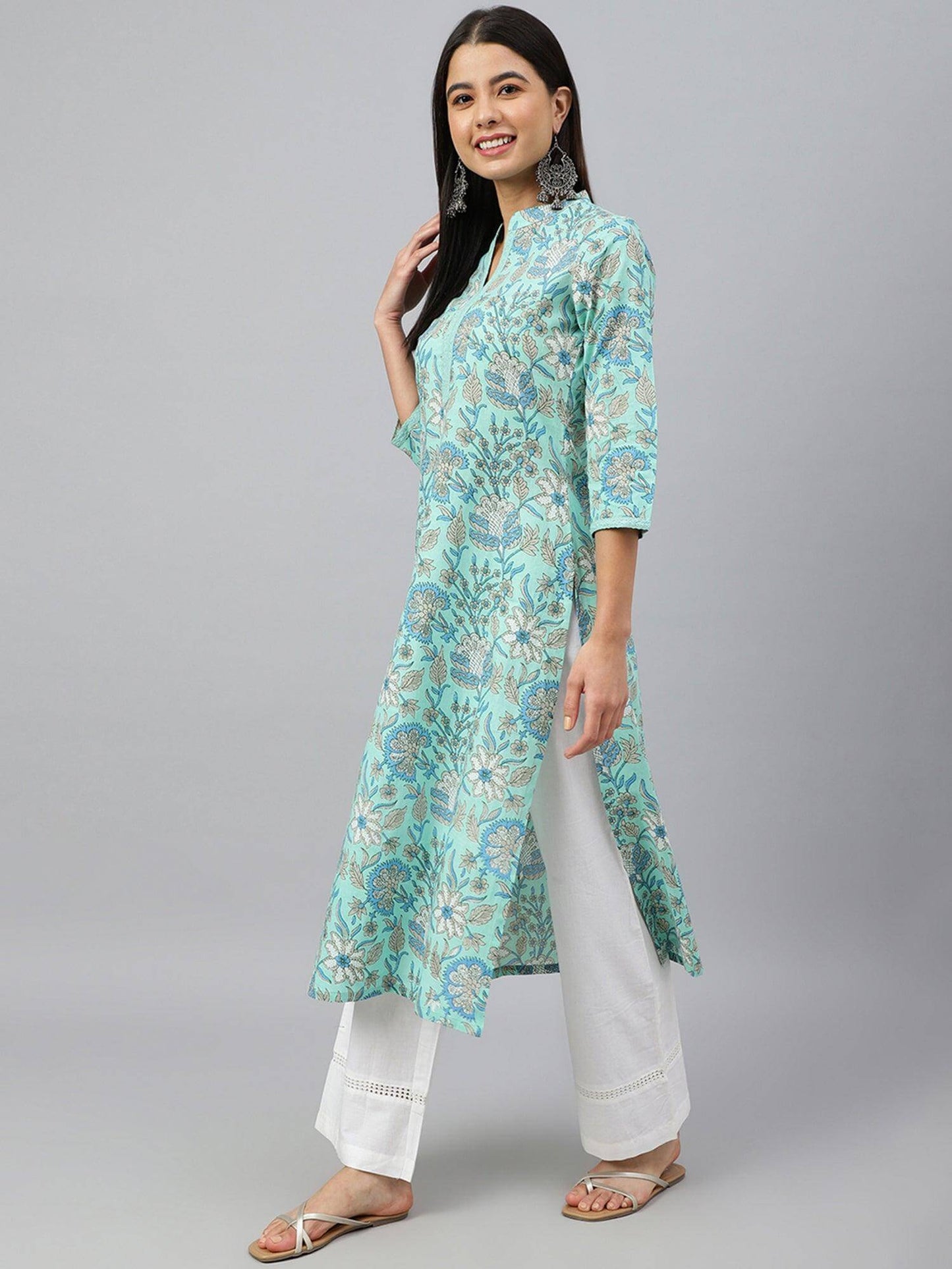 Mint Green Cotton Floral Block Print Straight Kurta