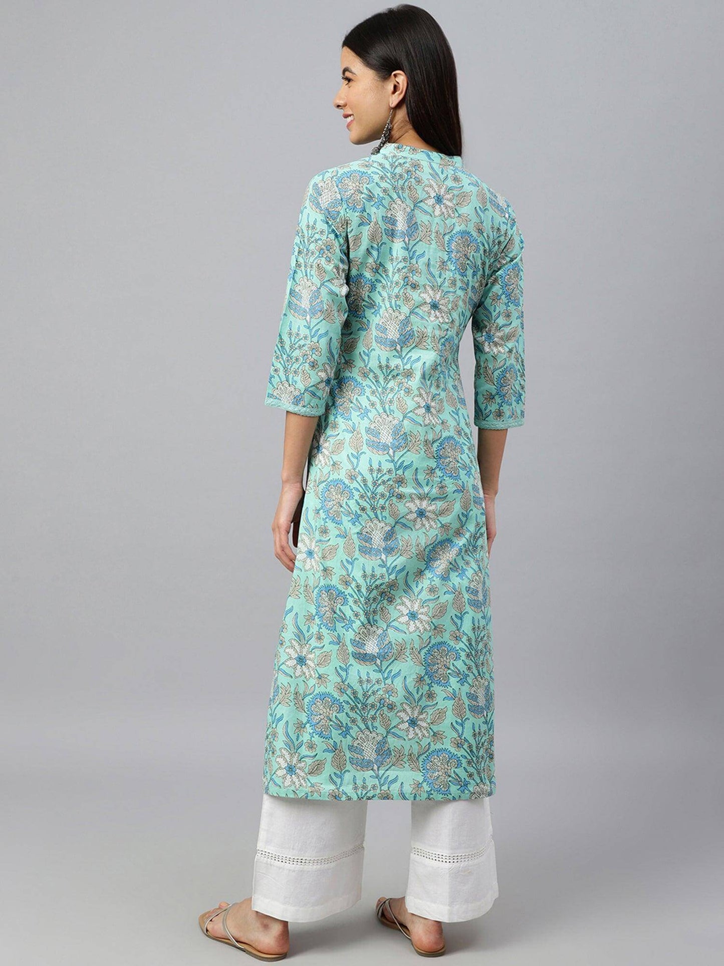 Mint Green Cotton Floral Block Print Straight Kurta