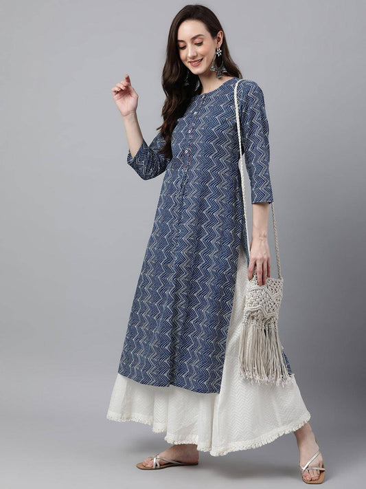 Indigo Cotton Zig Zag Print Straight Kurta