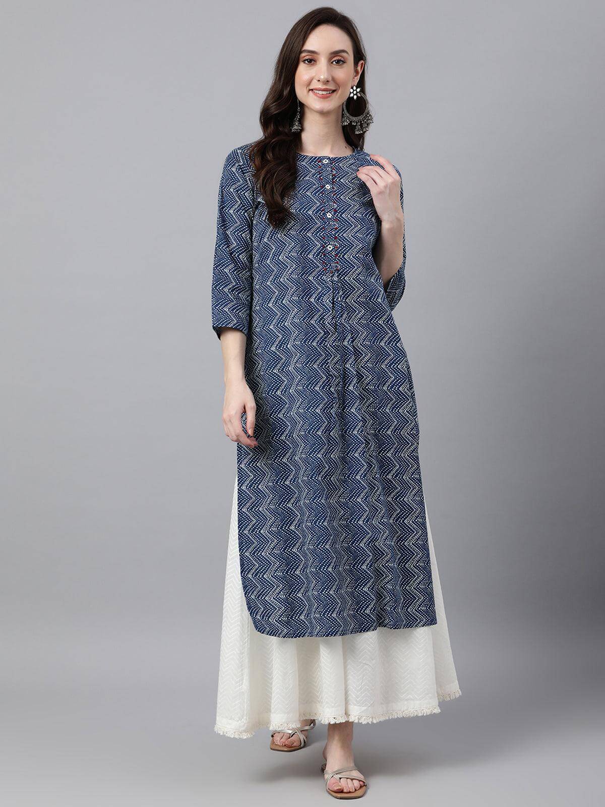 Indigo Cotton Zig Zag Print Straight Kurta