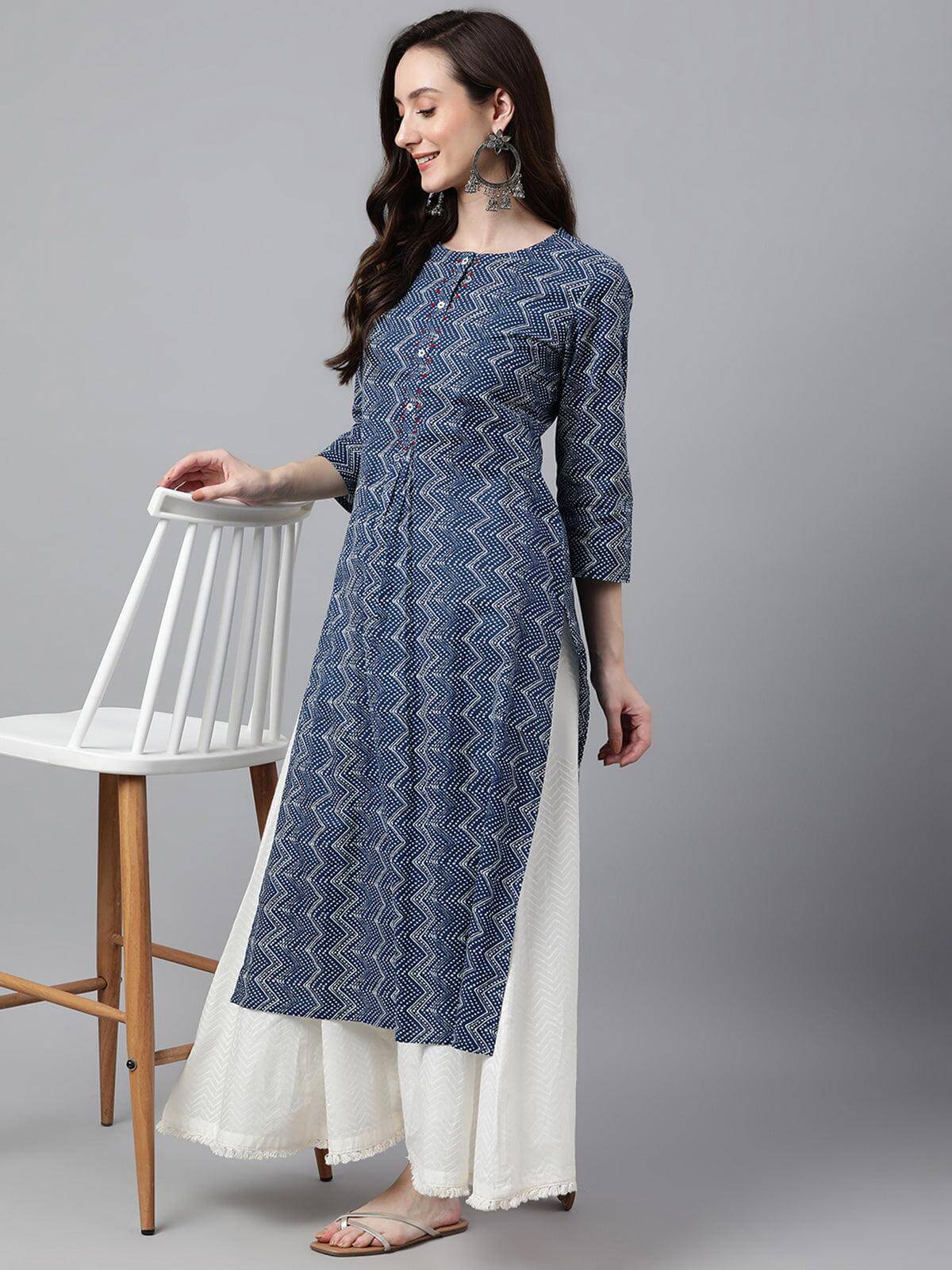 Indigo Cotton Zig Zag Print Straight Kurta