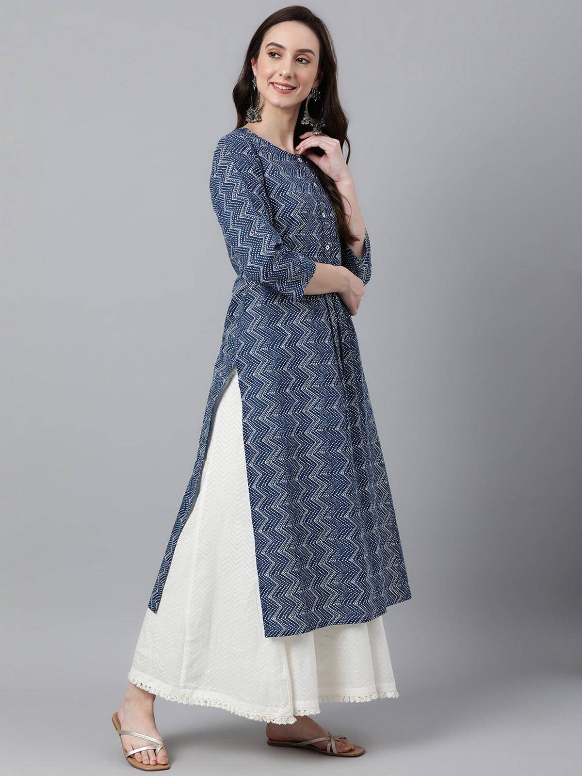 Indigo Cotton Zig Zag Print Straight Kurta