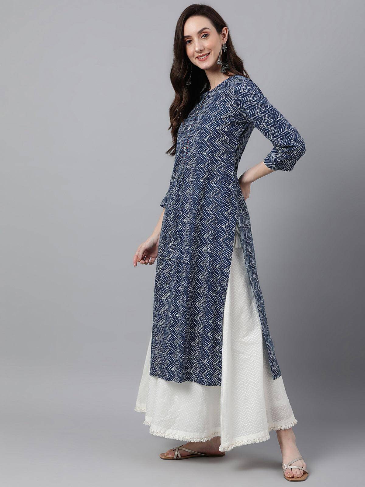 Indigo Cotton Zig Zag Print Straight Kurta