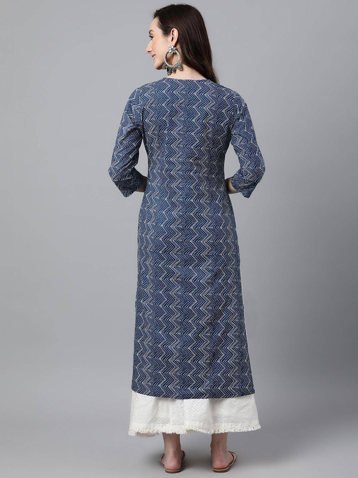 Indigo Cotton Zig Zag Print Straight Kurta