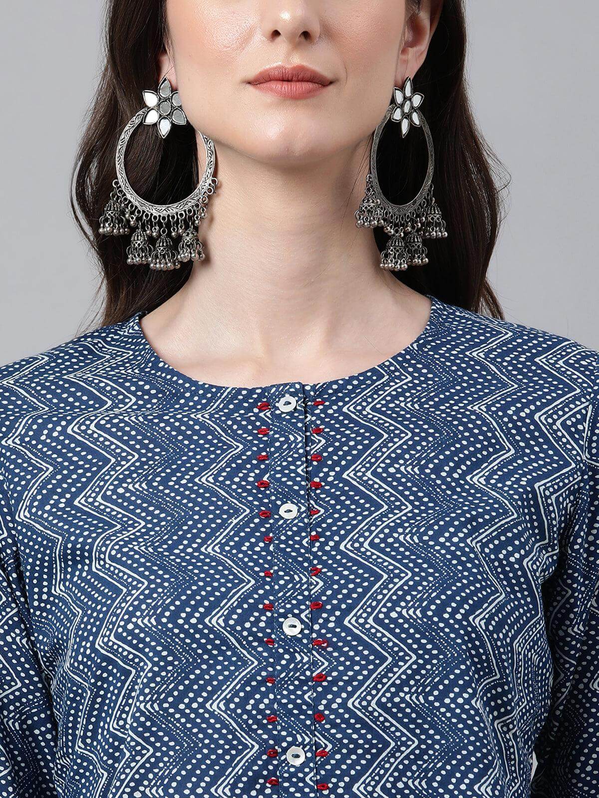 Indigo Cotton Zig Zag Print Straight Kurta