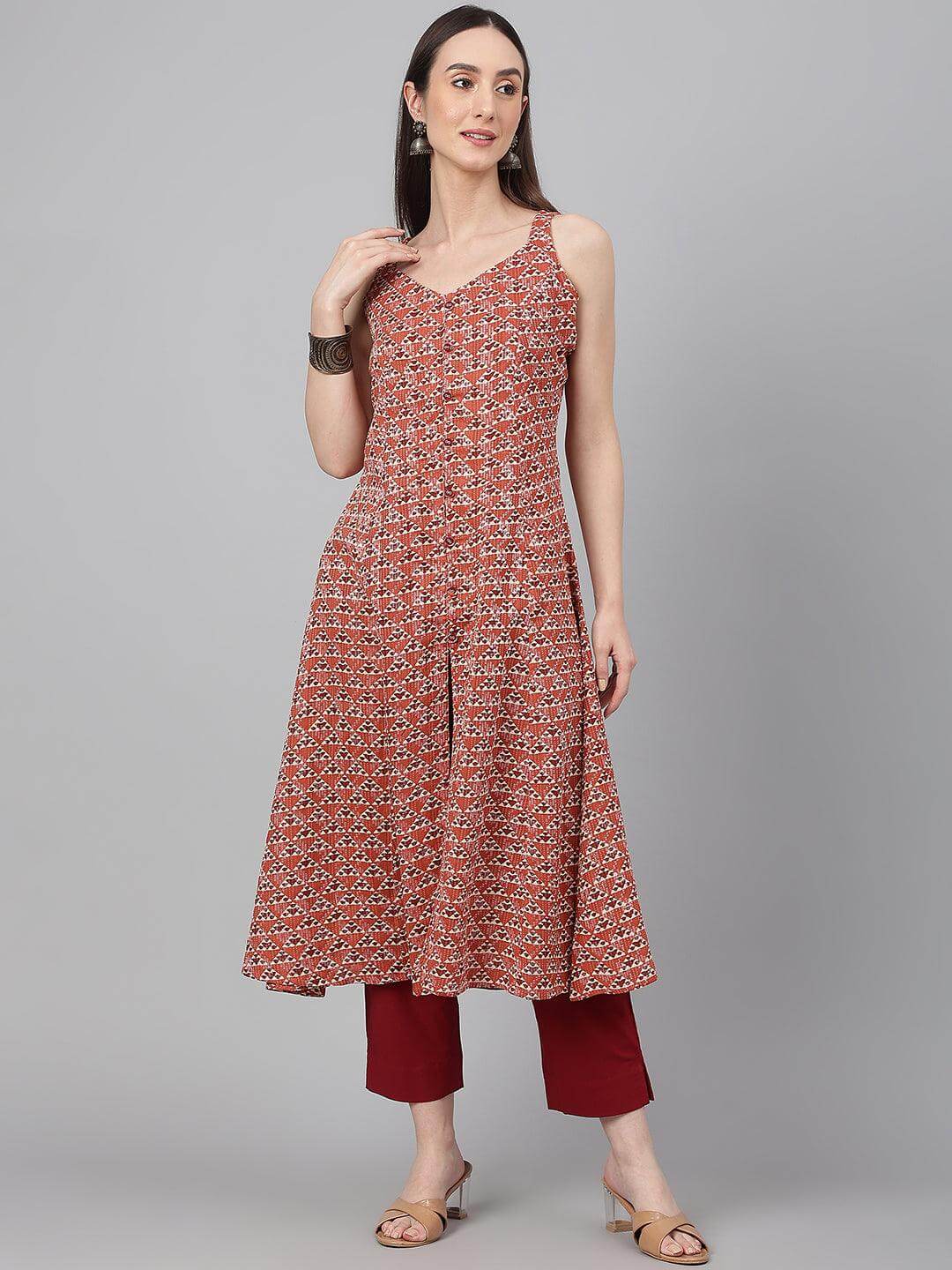 Rust Cotton Geometric A-line Kurta