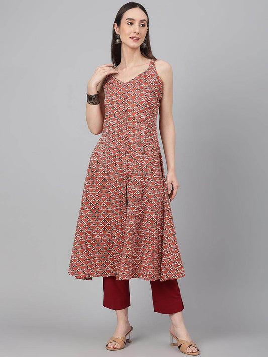 Rust Cotton Geometric A-line Kurta