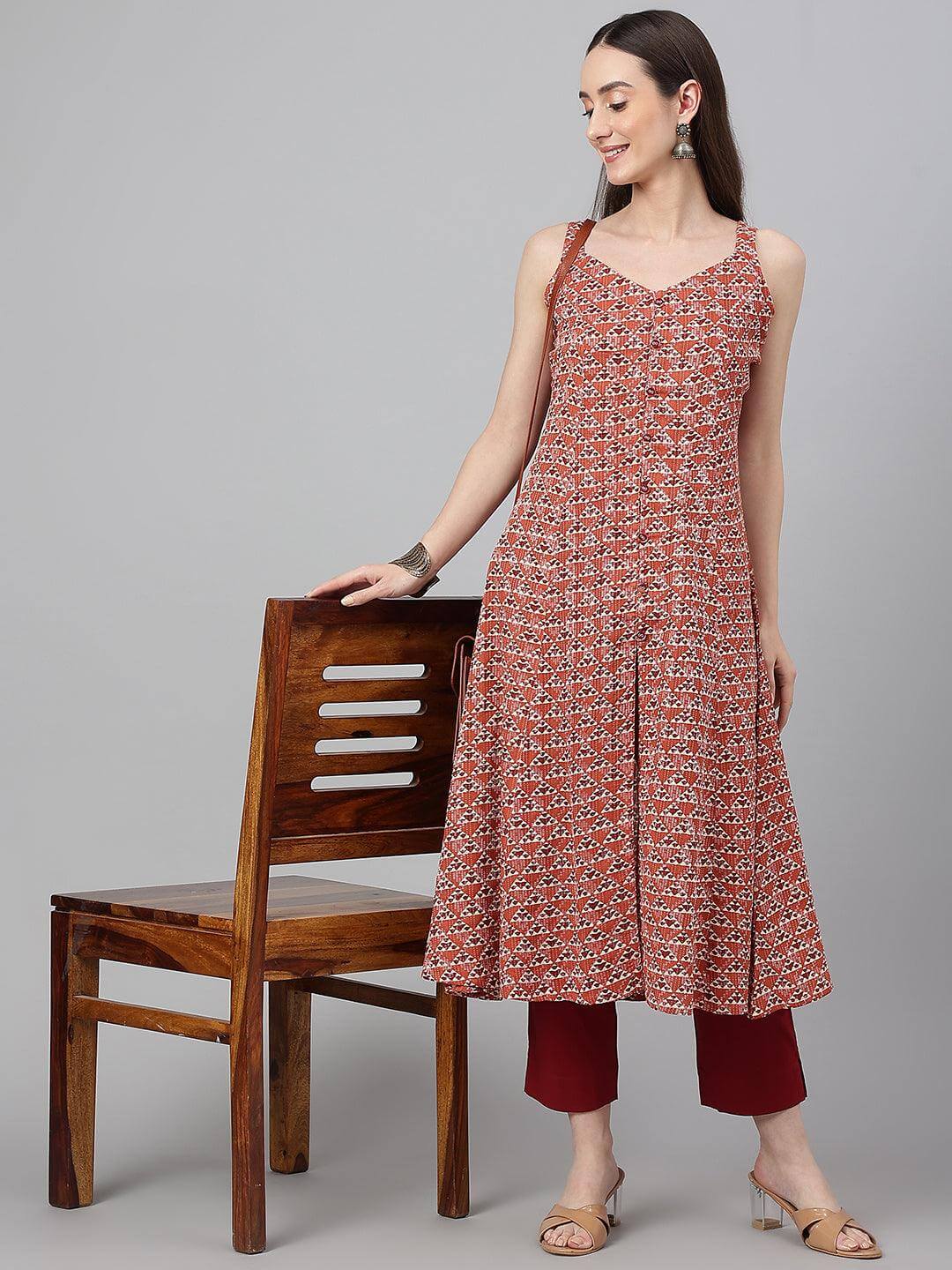 Rust Cotton Geometric A-line Kurta