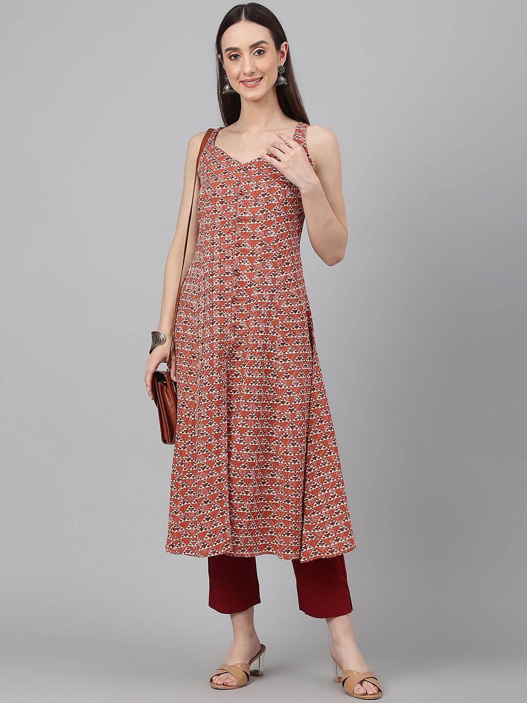 Rust Cotton Geometric A-line Kurta