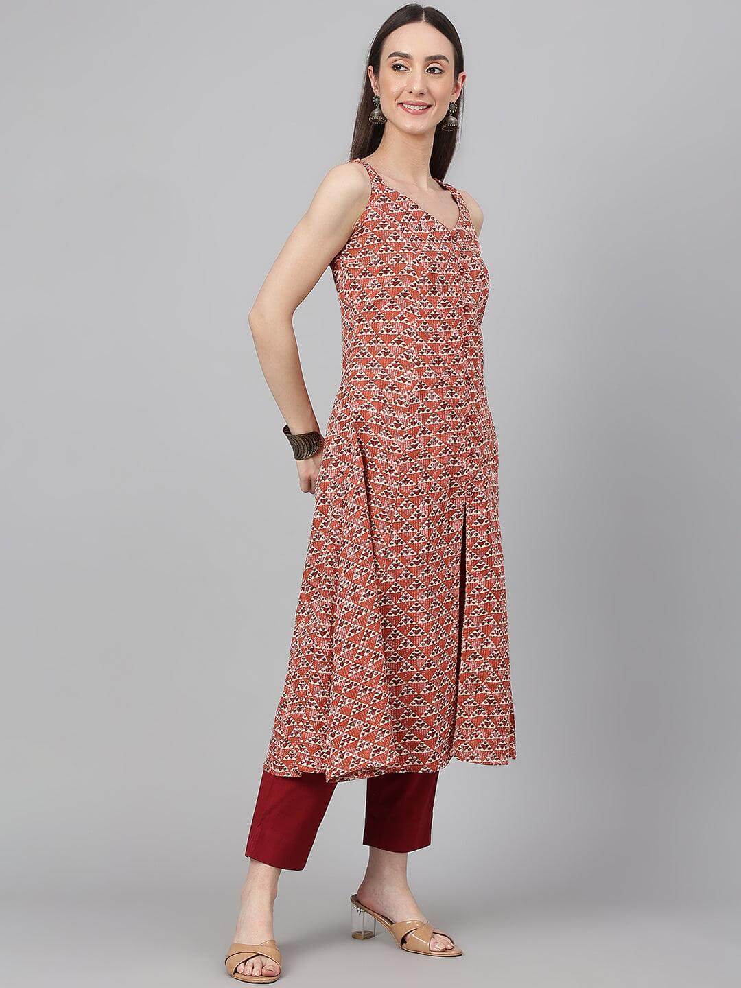 Rust Cotton Geometric A-line Kurta