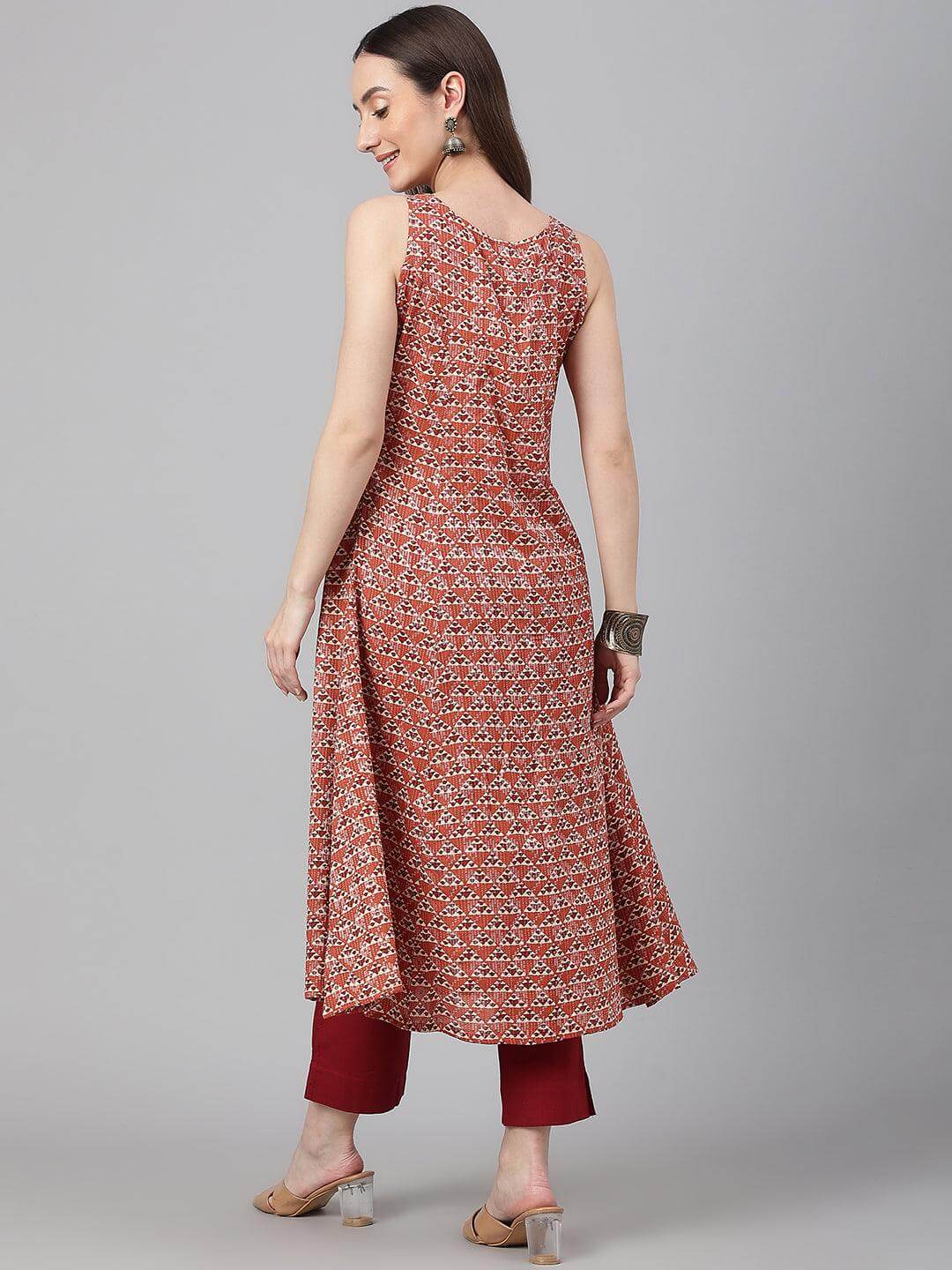 Rust Cotton Geometric A-line Kurta
