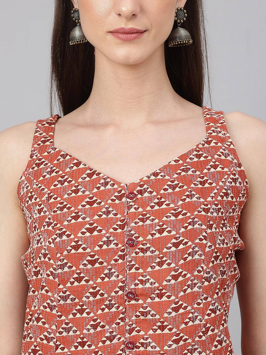 Rust Cotton Geometric A-line Kurta