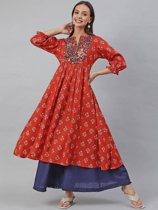 Red Cotton Floral Print Flared Kurta