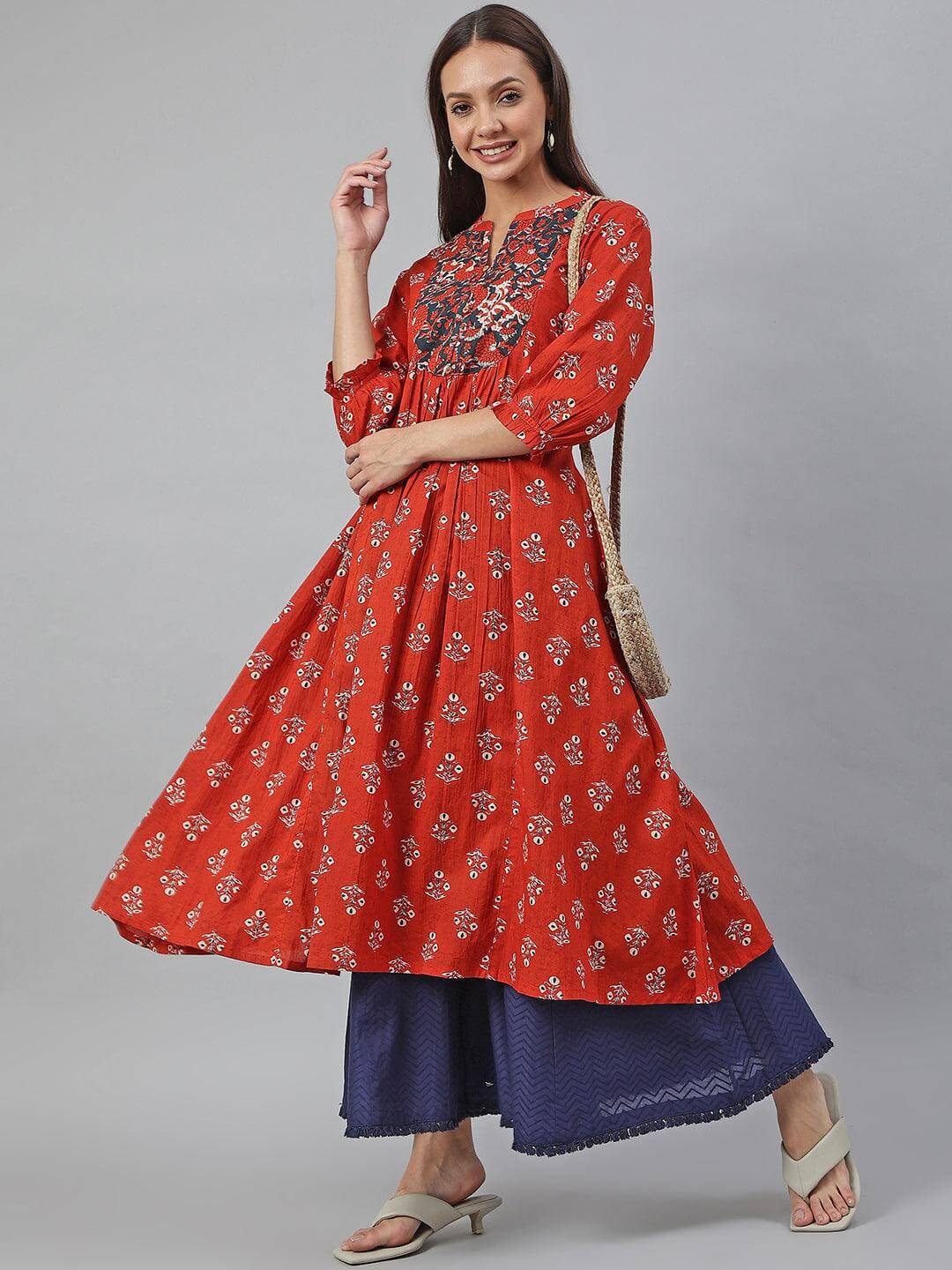 Red Cotton Floral Print Flared Kurta